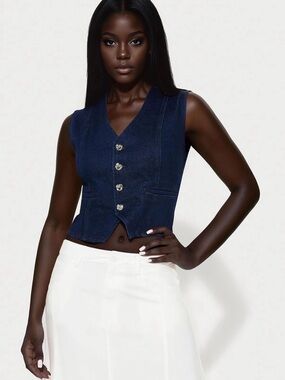 NWT - Navy Women’s Denim Button Vest, stretch, silver hardware